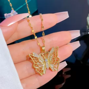 Hollow Butterfly Zircon Necklace - Stainless Steel Elegance