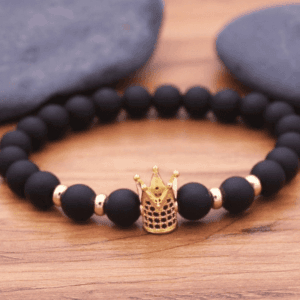 Lava Rock Bracelet – Natural Stone, CZ Crown Charm, Elastic