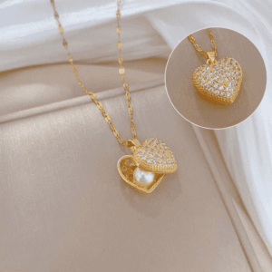 Heart-Shaped Pearl & Seashell Necklace – Stainless Steel Chain