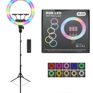 MJ56 Ring LED RGB Light with Triple Selfie Phone Clip and Remote 56cm + Free Tripod 2M