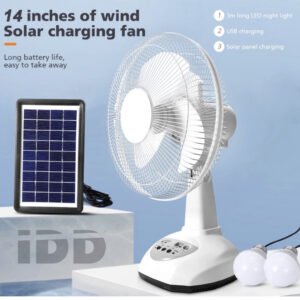 Rechargeable Fan 14" with Solar Panel & 2 Bulbs Light
